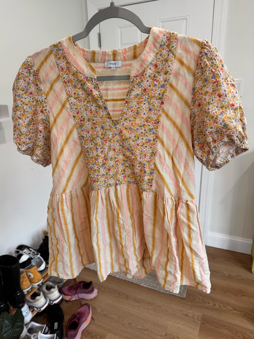 VOY Pink & Yellow Striped Floral Peplum Tunic Top